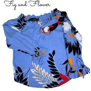 Fig and Flower Blue Floral Boho Blouse Women’s Tie Neck & Sleeve Top Casual